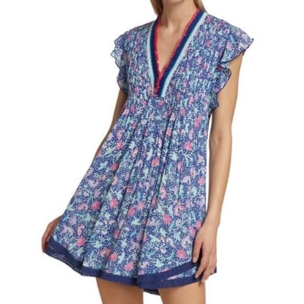 Poupette St Barth Sasha Mini Dress M Blue Floral Boho Fringe Lace Coverup Beach
